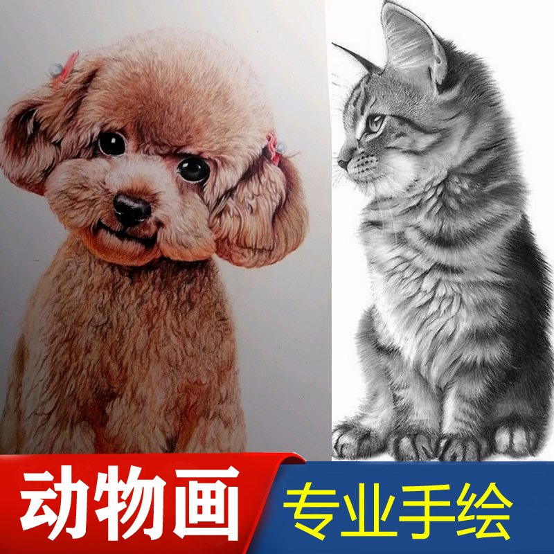 动物彩绘宠物照片定制猫狗萌宠画像铅笔画专业手绘客厅装饰素描画图片