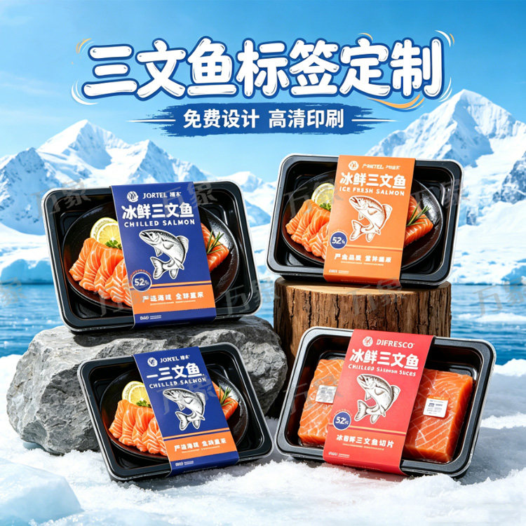 设计三文鱼腰封刺身贴纸冷冻生鲜标签寿司甜虾封条海鲜不干胶定制