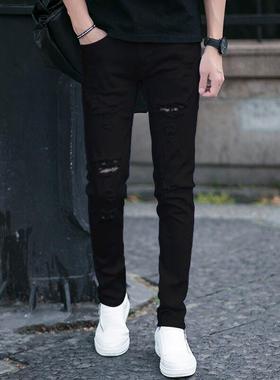 春秋款明星破洞白色牛仔裤男弹力修身韩版学生小脚裤男生潮流黑色