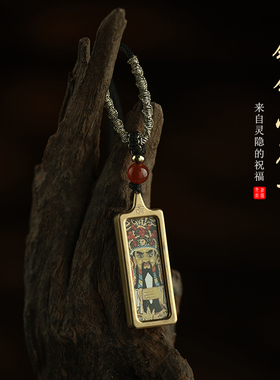 藏式唐卡财神扎基拉姆前世今生黄财神手绘钛钢小唐卡佛牌吊坠项链