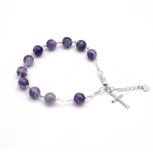 紫水晶通体925银手链龙虾扣十字8mm配白水晶合金配件珠意卡米诺