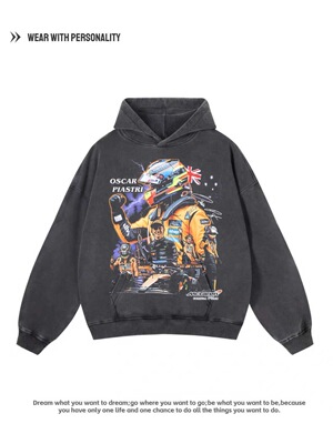 美式复古Oscar Piastri 皮亚斯特里F1印花水洗做旧宽松连帽卫衣男