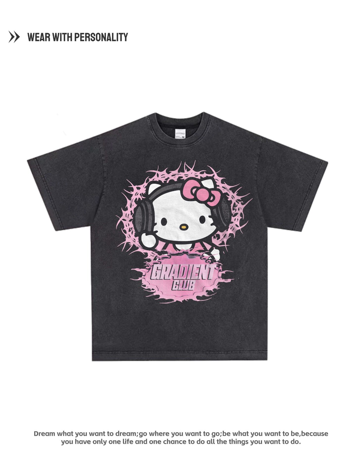 hello kitty 凯蒂猫可爱甜妹印花美式潮牌宽松重磅纯棉短袖t恤女