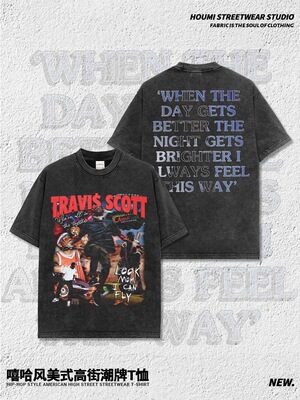 Travis Scott数码印花美式嘻哈水洗做旧宽松纯棉小领口短袖T恤男