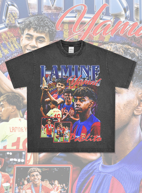 美式复古拉足球星明亚马尔Lamine Yamal印花重磅纯棉短袖T恤男女