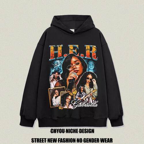 美式H.E.R印花重磅连帽卫衣