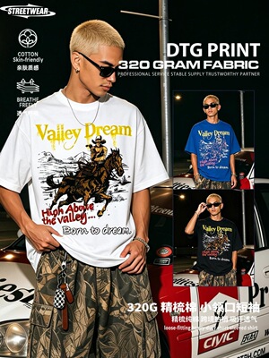 Valley Dream西部牛仔印花短袖T恤男320g纯棉小领口oversize半袖