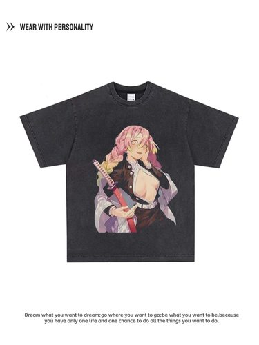 Demon Slayer鬼灭之刃 甘露寺蜜璃印花宽松重磅小领口短袖T恤男女