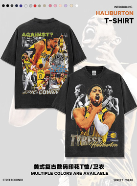 哈利伯顿Haliburton篮球绝杀手势数码直喷印花小领口宽松短袖T恤