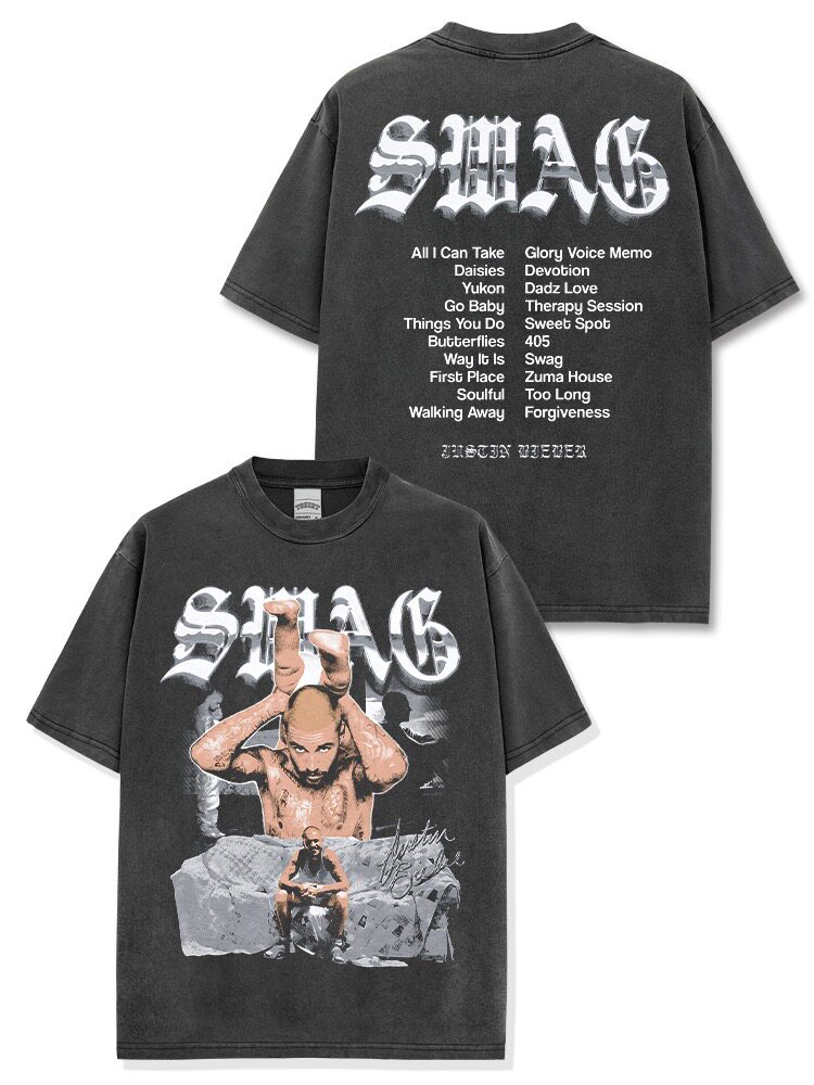 美式贾斯汀·比伯Swag印花短袖t恤男潮牌水洗宽松圆领连帽卫衣ins