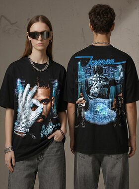 欧美嘻哈Drake公鸭Iceman人物印花潮牌vintage宽松纯棉短袖T恤男