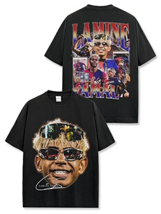 美式复古巴萨亚马尔Lamine Yamal印花水洗做旧宽松纯棉短袖T恤男