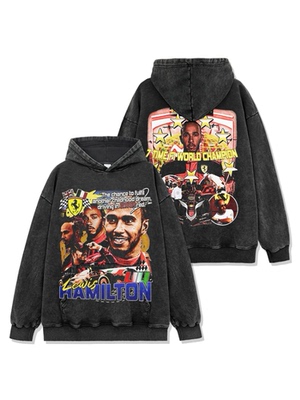 美式复古汉密尔顿Lewis Hamilton印花水洗短袖t恤圆领连帽卫衣男