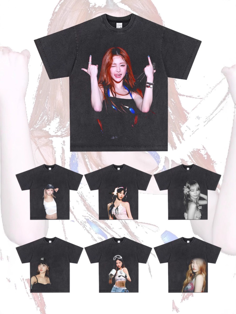 LE SSERAFIM女团印花美式高街宽松重磅纯棉宽松小领口短袖T恤男女