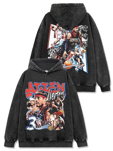 美式球星艾弗森Iverson答案球场传奇印花重磅水洗复古连帽卫衣男