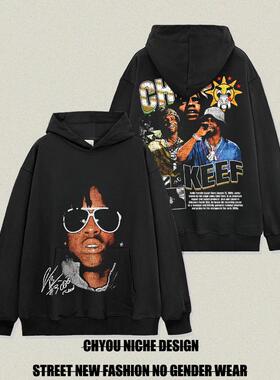 美式嘻哈Chief Keef人物印花连帽卫衣男oversize宽松水洗做旧外套