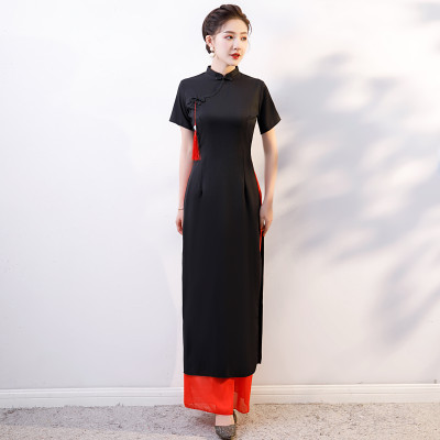 舞台旗袍长款走秀演出服黑色修身