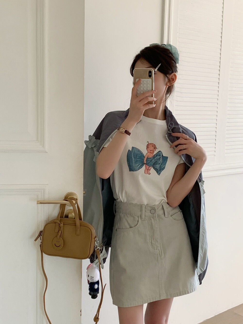 26年早春上新OMELET蛋卷韩系简约百搭蝴蝶结小孩直喷印花短袖T恤