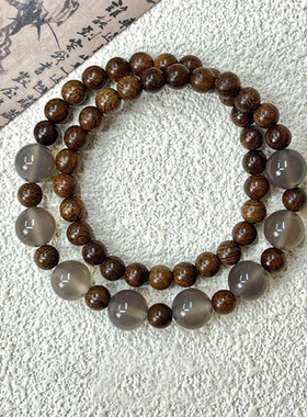 新中式半城山水金丝串珠檀木手链双层古风复古百搭手串