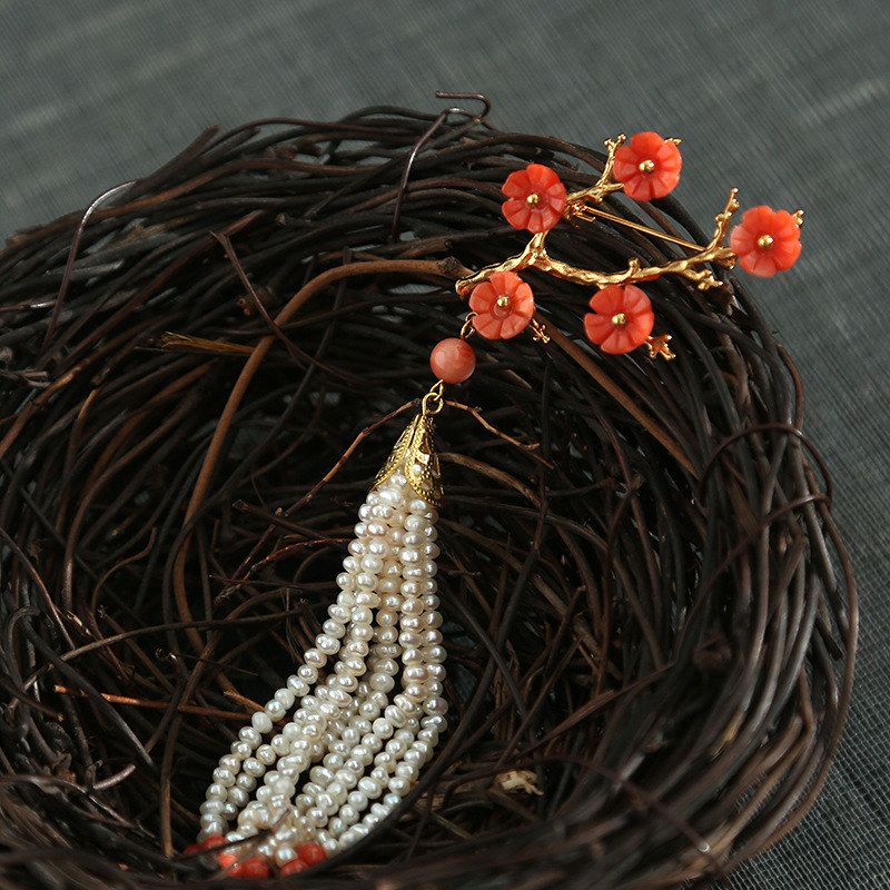 真淡水珍珠梅花花朵树枝胸针女