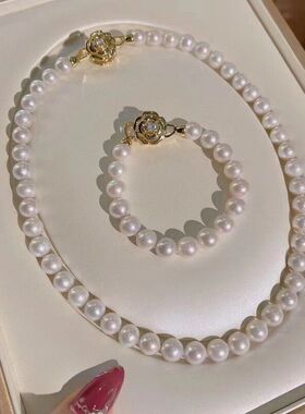 经典大气月季花首饰套装珍珠项链