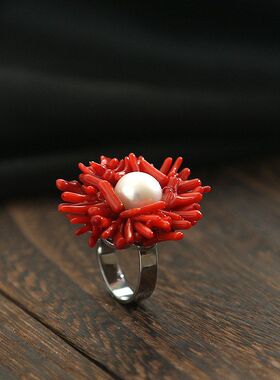 戒指女配饰珍珠海竹珊瑚花朵925