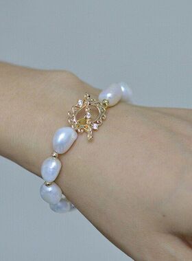 8-9mm天然淡水异形珍珠手链女14K注金镶钻OT扣手饰品手环手镯批发