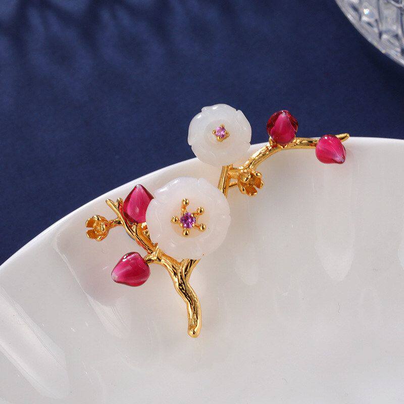 梅花枝和田玉925银胸针宫廷风国潮胸花西装别针女送礼玉石礼服