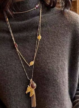 护身符小马镶石流苏长项链轻奢