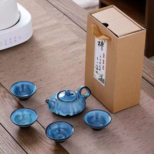 一壶六杯拉丝窑变茶具套装牛皮盒陶瓷整套天目活动礼品创意伴手礼