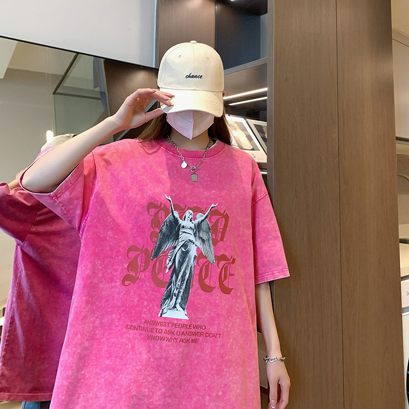 抖音品质蜡染4色自由女神宽松情侣百搭纯棉短袖T恤213-1-TH18控58,女装T恤,星座213-1