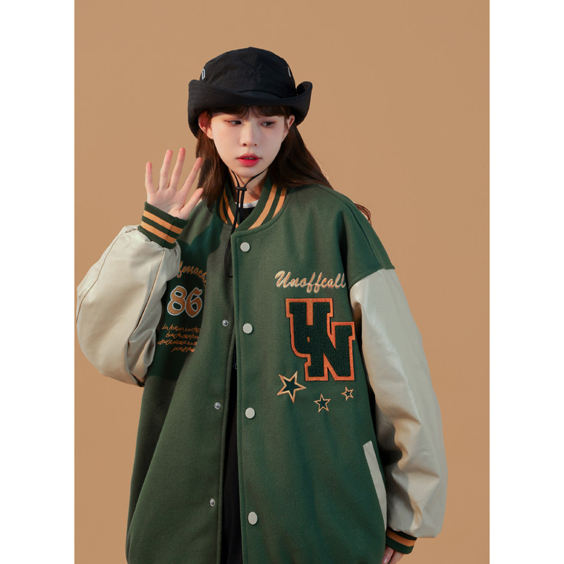 新款宽松高街pu拼接毛巾绣棒球服夹克jk689p125控138 xz213-1图片