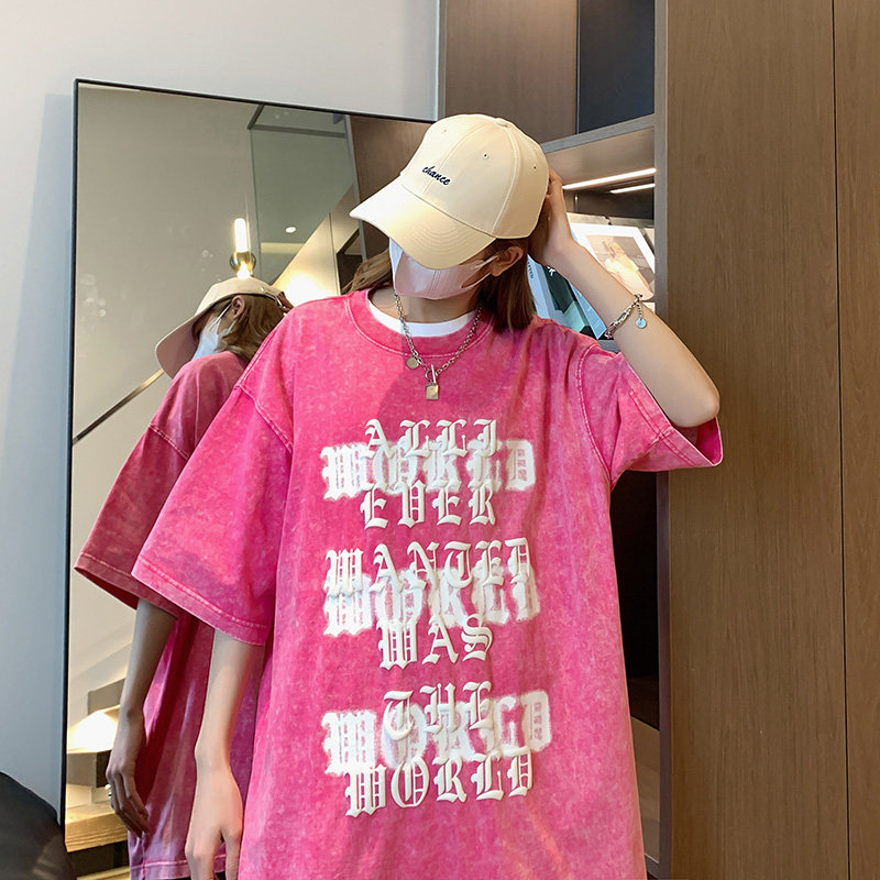 抖音品质蜡染4色发泡字母宽松情侣百搭纯棉短袖T恤213-1-TH07控58,女装T恤,星座213-1