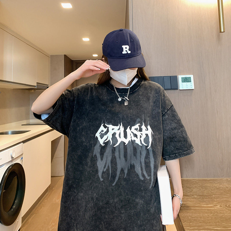 抖音品质蜡染4色发泡字母宽松情侣百搭纯棉短袖T恤213-1-TH17控58,女装T恤,星座213-1