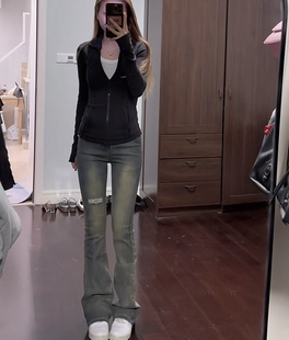 新亚吴同款裤子美式复古显瘦韩版微喇牛仔裤女马蹄裤喇叭裤子春秋