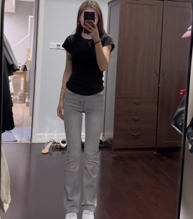 新亚吴同款上衣牛仔裤女夏季新款韩版百搭高腰显瘦微喇叭裤子长裤