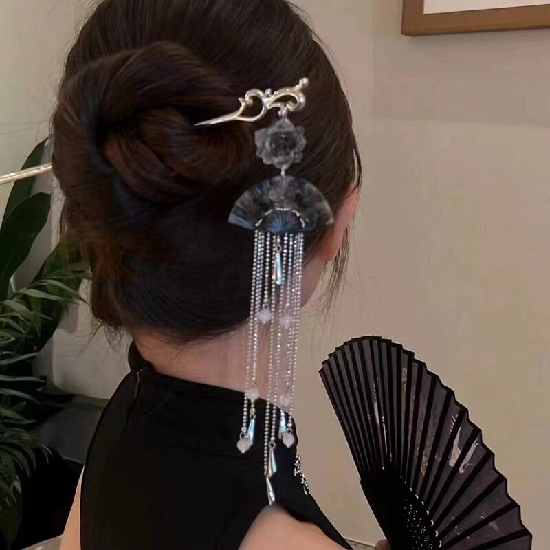新中式玫瑰扇子流苏发簪国风水墨画盘发簪子头饰复古旗袍配饰