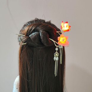 精致发光荷花灯流苏发簪古风气质盘发簪子复古汉服步摇头饰发饰女