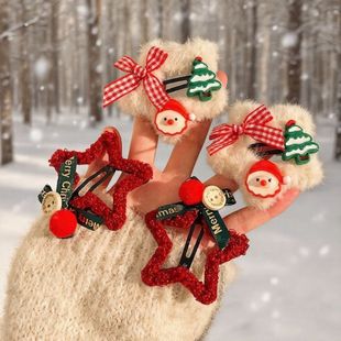 新年红色毛绒星星发夹蝴蝶结刘海BB侧边发卡圣诞节头饰女发饰2025