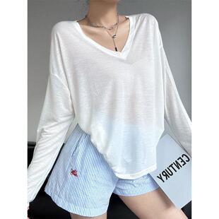 夏款冰丝v领沙滩海边防晒衣微宽松薄款长袖T恤女夏季空调罩0317d