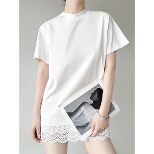 正肩蕾丝边半高领短袖T恤女中长款遮屁股宽松外穿休闲打底衫0314r