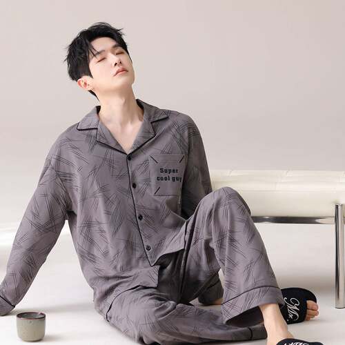 睡衣女秋男士春款长袖长裤开衫休闲少年翻领家居服套装冬0920e