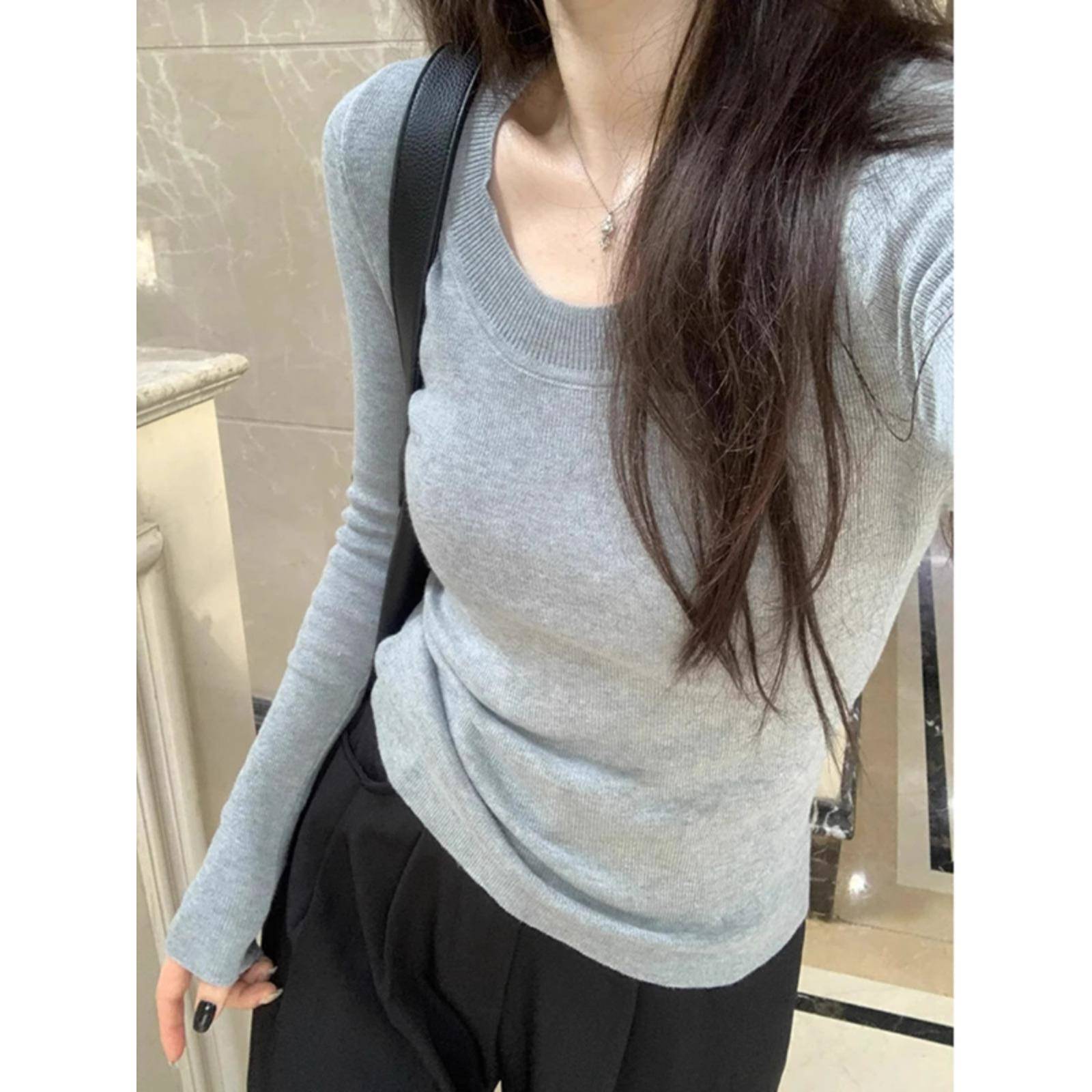 冬季高级感领修身显瘦内搭上衣女韩系简约长袖毛衣针织打底1213u