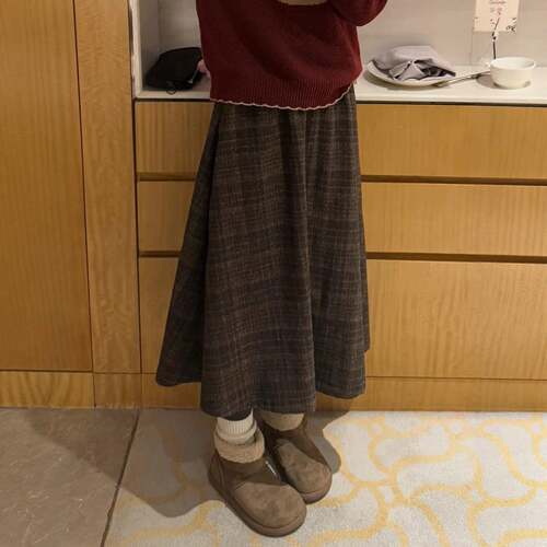 女裤秋冬复古格子毛呢身裙女冬大码胖高腰显瘦梨形伯克利a字0922e