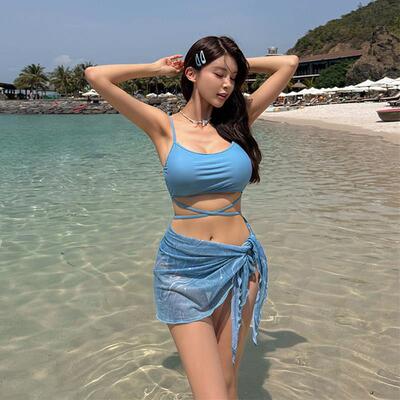 新款两件式三件套泳衣女辣妹纯欲风小胸聚拢度假温泉泳装比0410r