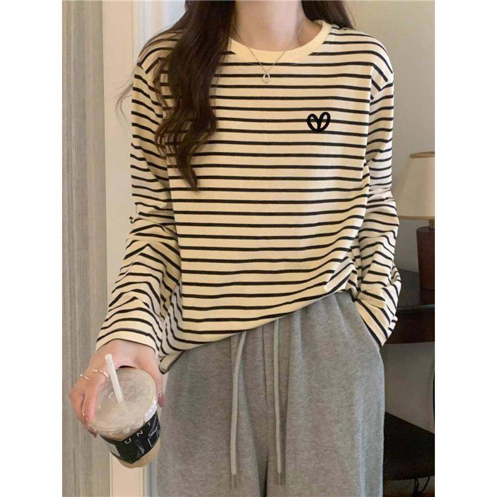 条纹长袖T恤女春季新款韩版宽松打底衫洋气减龄休闲百搭上衣0124e,女装/女士精品,T恤,淘宝优惠券,粉丝福利购,淘宝优惠卷