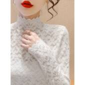高领磨毛蕾丝打底衫 女春秋洋气内搭高级感花边长袖 网纱镂空0201e