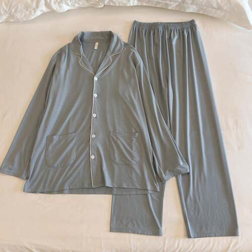 长袖睡衣女秋男士春翻领家居服套装高级感简约灰蓝休闲可外0917e