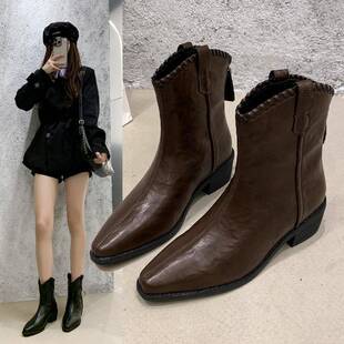 秋冬尖头马丁靴女英伦风2025新款 加绒西部牛仔靴百搭瘦瘦靴1125n