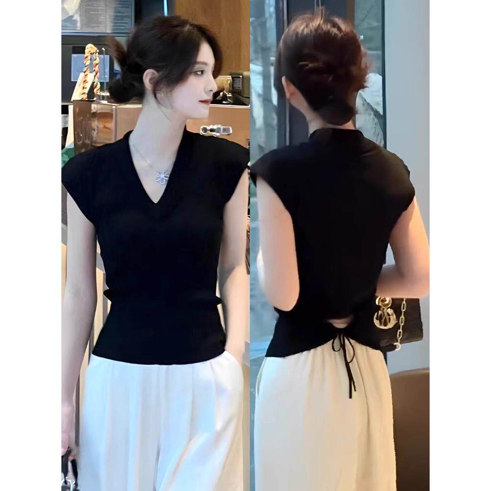 黑色V领冰丝针织背心女夏外穿露腰短款坎肩无袖T恤上衣西装0418r1